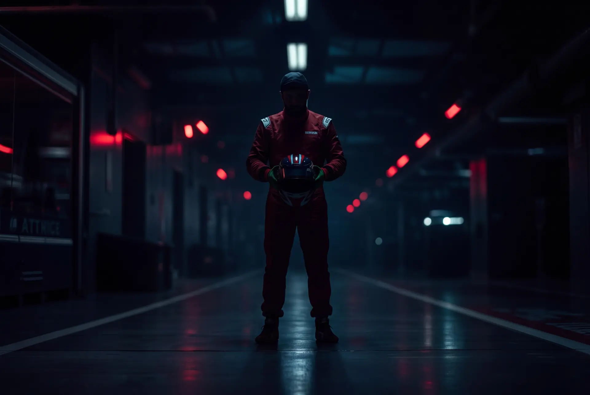 Performance Protocol: Rennfahrer in rotem Overall hält seinen Helm in der Boxengasse und fokussiert sich vor dem Qualifying