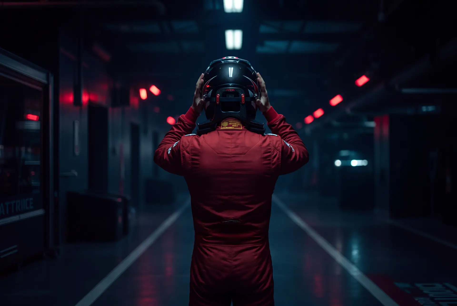 Mindset Protocol: Rennfahrer in rotem Overall von hinten, der vor dem Einsteigen ins Fahrzeug seinen Helm aufsetzt